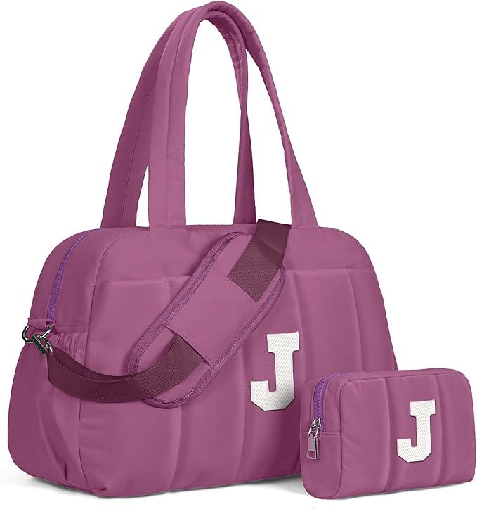 Duffle Bag with Initial, Spend The Night Bags for Women，Overnight Bag with Wet Pocket，Gift Set for Women-Lightweight Travel Bags Personalized Gym Tote with Makeup Pouch