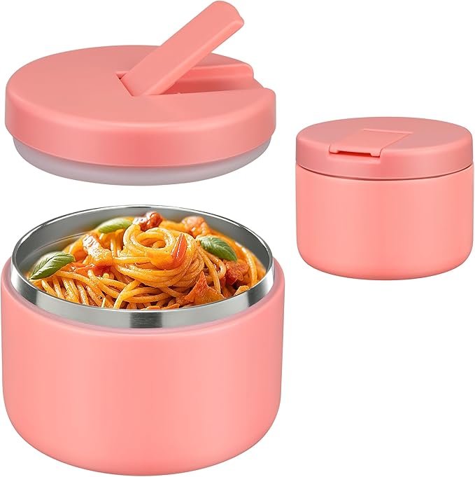12oz Insulated Vacuum Food Jar with Buckle Lid Wide Mouth Soup Thermo for Hot Food Kids Leakproof Stainless Steel Lunch Container- Pink- 1Pack