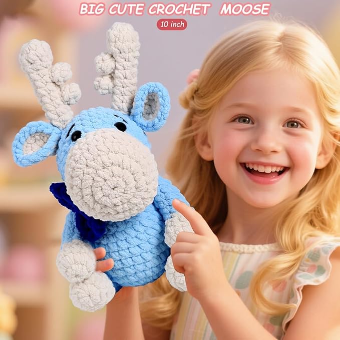 Crochet Animal Kit – 10in Adorable MOOSE, Amigurumi Crochet Kit For Intermediate Advanced level, Kids Knitting Kit with Detailed Videos Tutorials, Yarn, Crochet Hook, Best Gift For Crochet Lovers