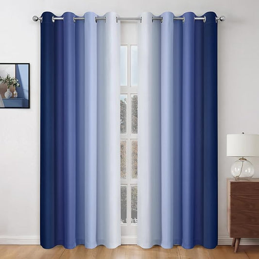 HOMEIDEAS Navy Blue Ombre Blackout Curtains, 52 X 96 Inch Length Gradient Color Room Darkening Curtains with Grommet Thermal Insulated Window Drapes for Living Room, Bedroom, 2 Panels