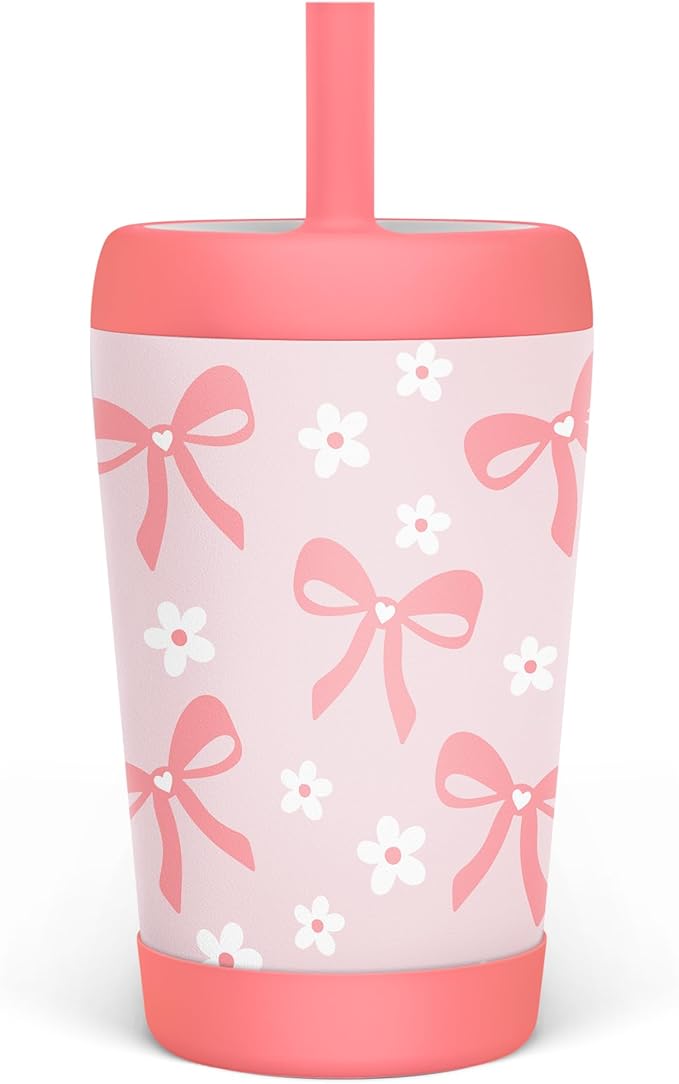 Kid Insulated Stainless Steel Tumbler with Silicone Straw, 12oz Sippy Cup for Kids (Pink Bows)