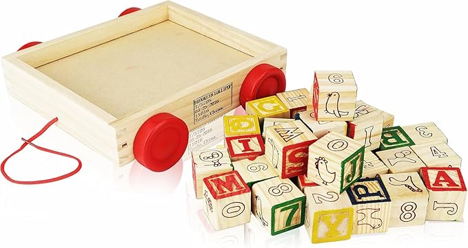 Wooden ABC Blocks with Pull Wagon, 30 Pieces, Educational Alphabet Learning Toy for Toddlers