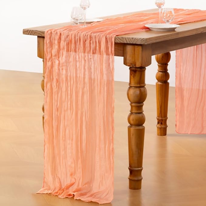 DeZerlor Peach Cheesecloth Table Runners 4 Pack Summer Boho Runners | 120Inches - Image 5