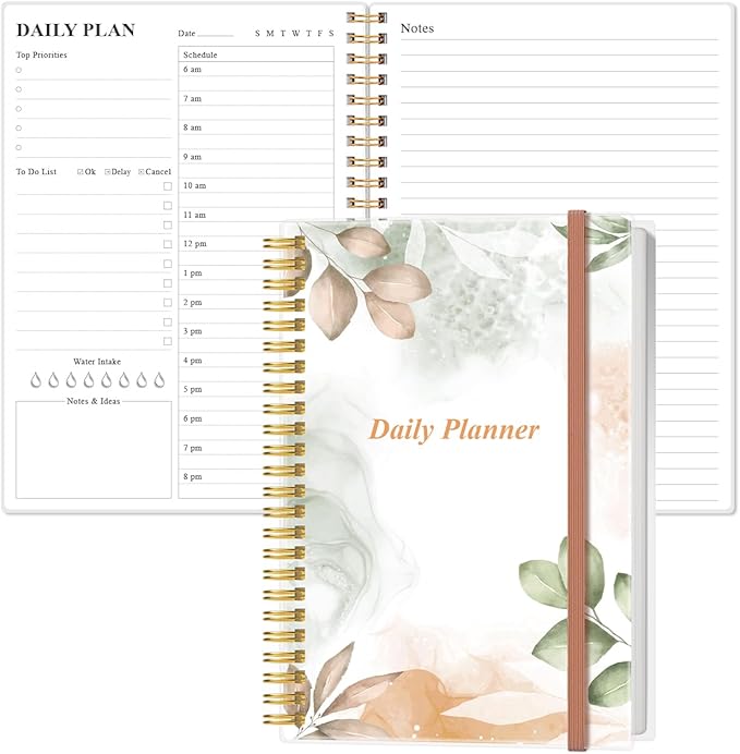 Daily Planner Undated - A5 To Do List Notebook Hourly Schedules, Spiral Appointment Planner for Women and Men, PVC Hardcover, Inner Pocket, Elastic Closure, 5.8" x 8.3", Rose Leaf