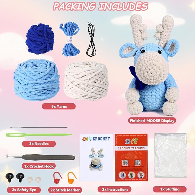Crochet Animal Kit – 10in Adorable MOOSE, Amigurumi Crochet Kit For Intermediate Advanced level, Kids Knitting Kit with Detailed Videos Tutorials, Yarn, Crochet Hook, Best Gift For Crochet Lovers
