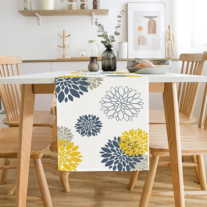 Blue Yellow Gray Table Runner Dahlia Pinnata Flower Beige Table Runners Modern - Image 3