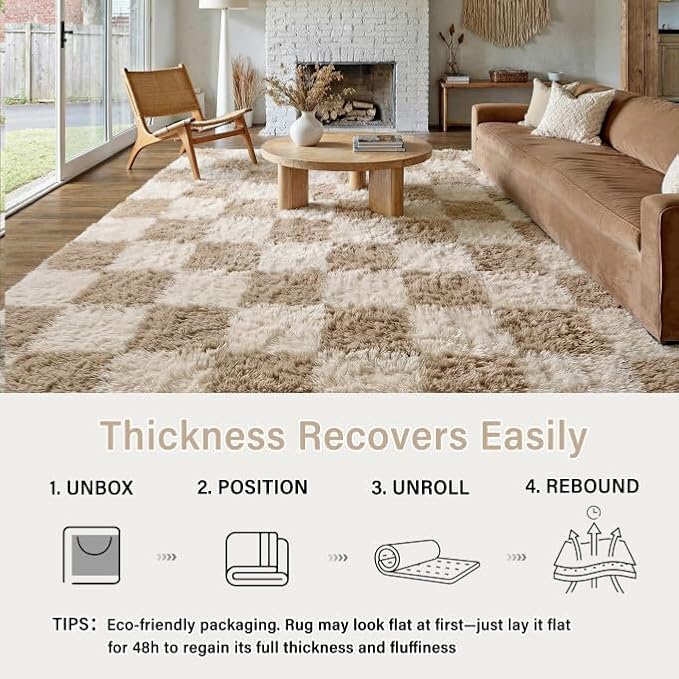 PureCozy Beige 6x9 Area Rugs for Living Room Soft Shag Checkered Large Rug - Image 4