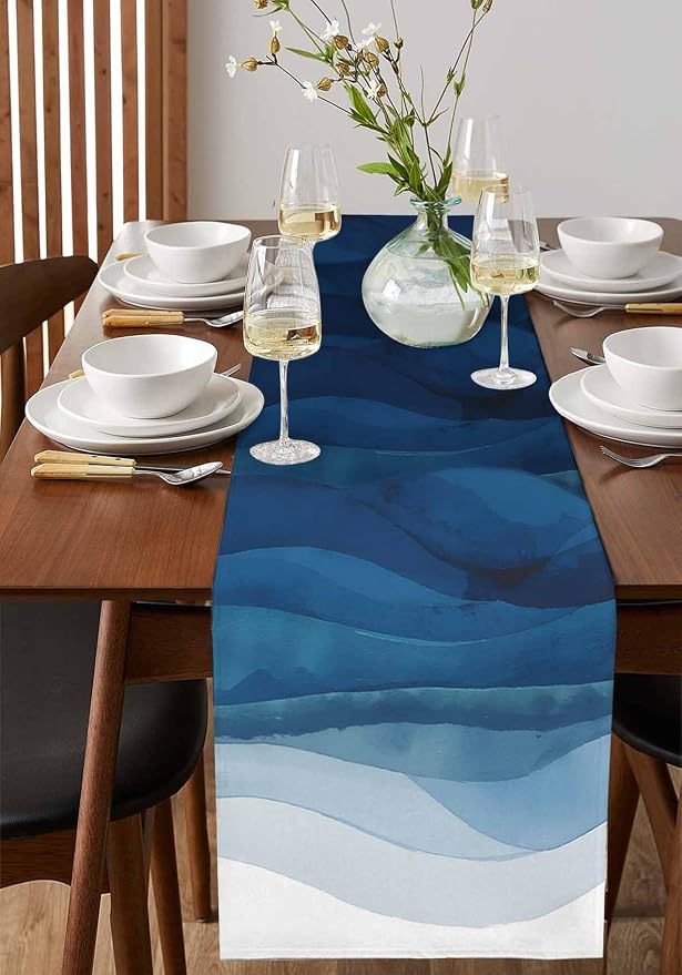 Navy Blue Ombre Table Runners 70 Inches Long, Abstract Modern Stripe Table - Image 2