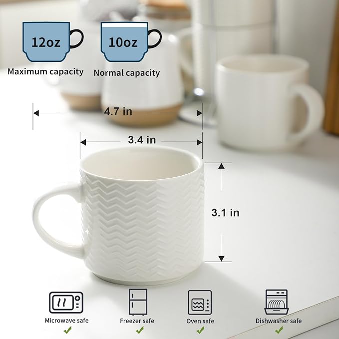 HASENSE Coffee Mugs 12 OZ Ceramic Cups Set of 4, Stackable Embossed Coffee Cups - Image 3