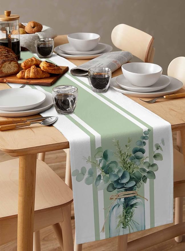Sage Green Eucalyptus Leaves Table Runners 60 Inches Long, Farmhouse Stripe - Image 3