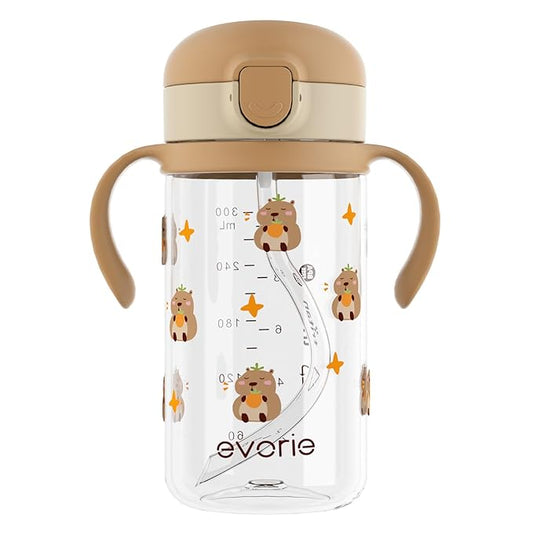 Evorie Tritan Spill Proof Toddler Straw Sippy Cup, 10 oz for Baby and Toddlers 1-3 Years Old, No Spill Straw Water Bottle with Removable Handles, Ideal for School, BPA-Free, Capybara (NEW)