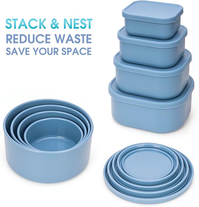 100% Silicone Food Storage Containers with Lids, 8 Pack, 10oz to 51oz, Reusable Leakproof Nesting & Stackable Silicone Bento Lunch Box, Microwave Freezer Dishwasher Oven Safe, BPA Free, Slate Blue