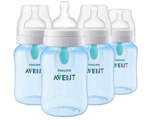 Philips Avent Anti-Colic Bottle with AirFree Vent, 9oz, with Flow 2 Nipples, 1m+, 4pk, Blue, SCY703/24