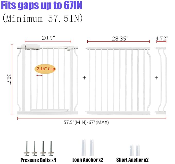 Extra Wide Baby & Dog Gate 62-67 Inch, Pressure Mounted No Drilling, Adjustable Indoor Safety Gate for Stairs & Wide Doorways - Metal Design for Kids and Pets, White