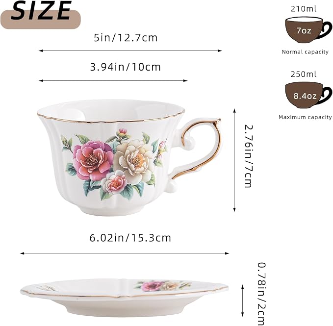 Ceramic Floral Cups with Saucers，7 oz Espresso Cups - Image 2