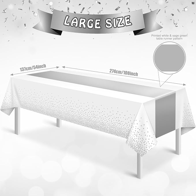 MASHAN 12Pcs White Silver Tablecloth Party Decorations, Plastic White Table - Image 3