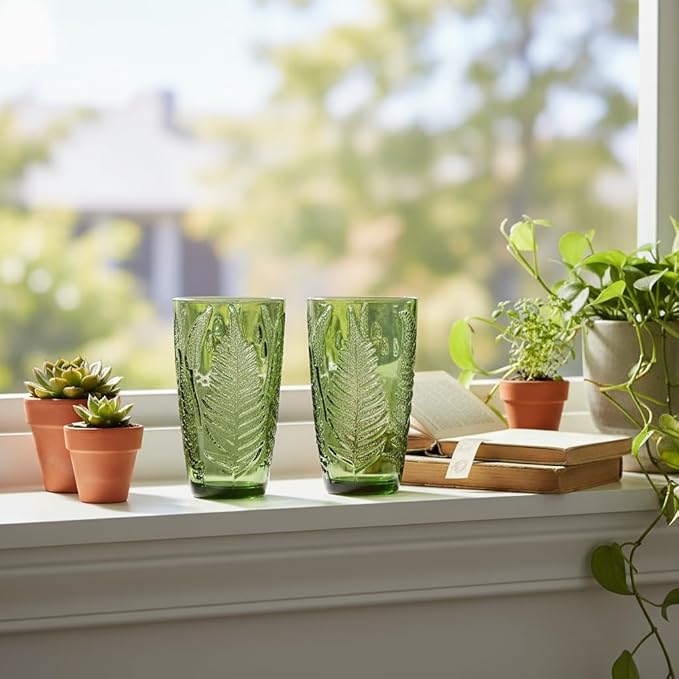 Green Drinking Glasses Set of 8, 12 oz Glass Cups, Vintage Fern Glassware | - Image 7