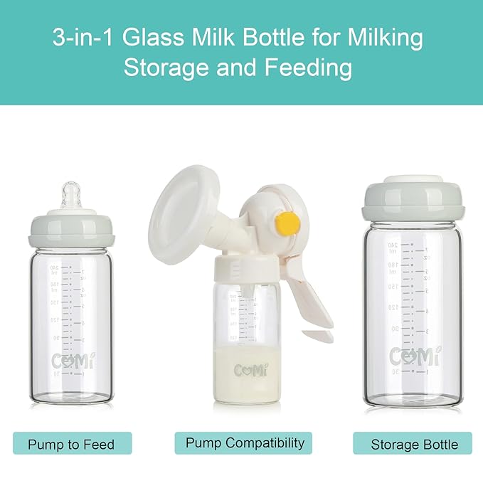 COMI Wide Neck Glass Breastmilk Collection n Storage Bottle, 8oz with Screw Ring Sealing Disk; Re-markable Sealing Disc. BPA Free, Fits Breast Pumps & Nipples (2 Gray Lids)