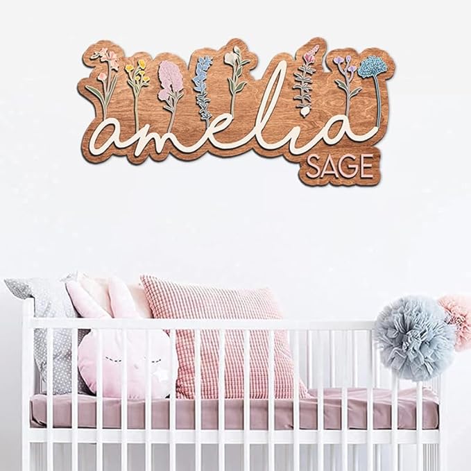 Personalized Nursery name sign for girls, Wildflowers Wooden baby name sign, Custom flower kids room decor, Baby shower, Boho nursery decorations gift/11