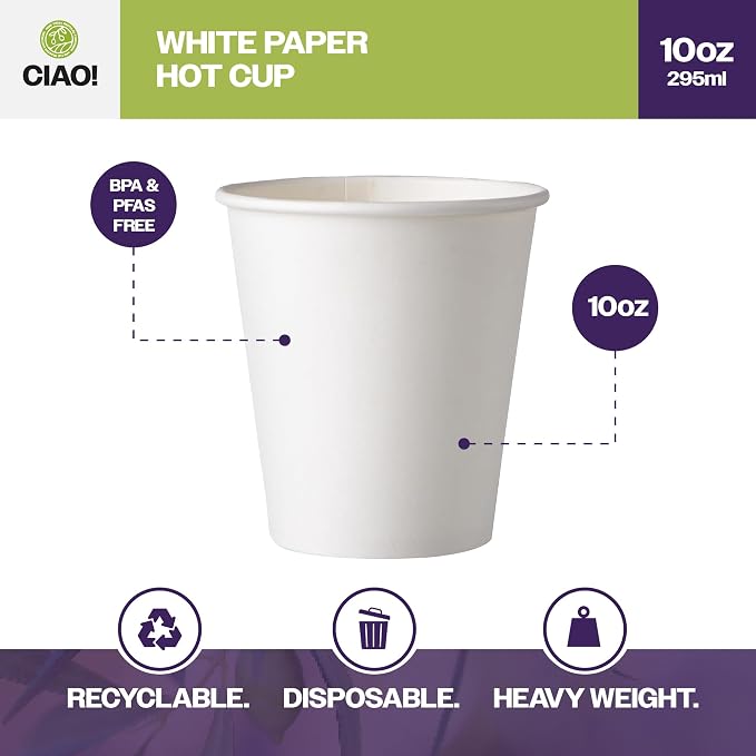 CIAO! 10oz White Paper Hot Cup, Disposable, 90mm Diameter 500 Count - Image 4