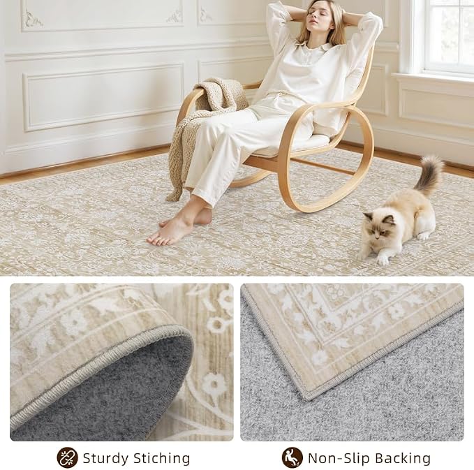 5x7 Area Rugs for Living Room: Vintage Boho Neutral Washable Rug Indoor Soft - Image 4