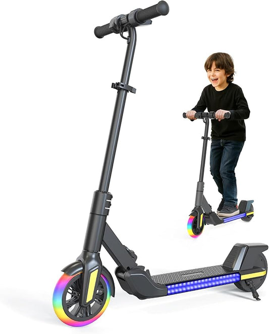 Foldable Children's Electric Scooter (Ages 6-14) - Top Speed 16 km/h, Maximum Range 8 km, 7-inch Illuminated Front Wheel, 6-inch Solid Rear Wheel