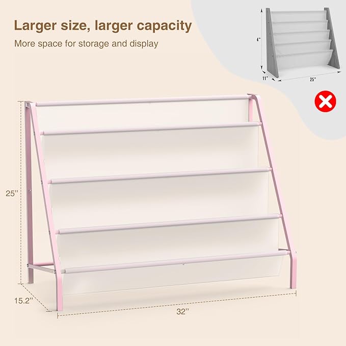 High-Transparent 4 Tier Kids Bookshelf, Sturdy Metal Large Size Book Rack Storage for Kids - Toddler Book Shelf Display for Nurasery, Playroom or Kids Room, Bookshelf Hold More Books - Pink