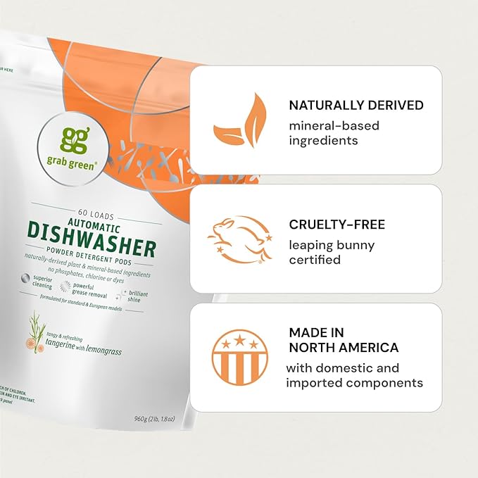 Grab Green Automatic Dishwashing Detergent Pods, 24 Count, Thyme Fig Leaf Scent, Plant and Mineral Based, Superior Cleaning, Powerful Grease Removal,