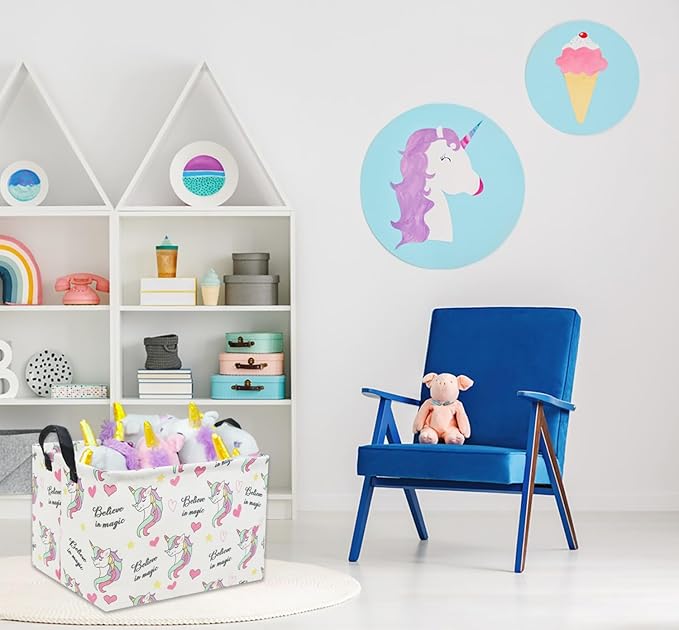 HIYAGON Rectangular Unicorn Basket Gift Baskets Empty Cute Storage Bin with Handles Nursery Room Decor(Unicorn)
