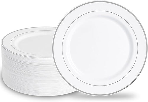 100PCS White Silver Plastic Plates Disposable, 10.25" Heavy Duty Plates | by N9RTABLEWARE