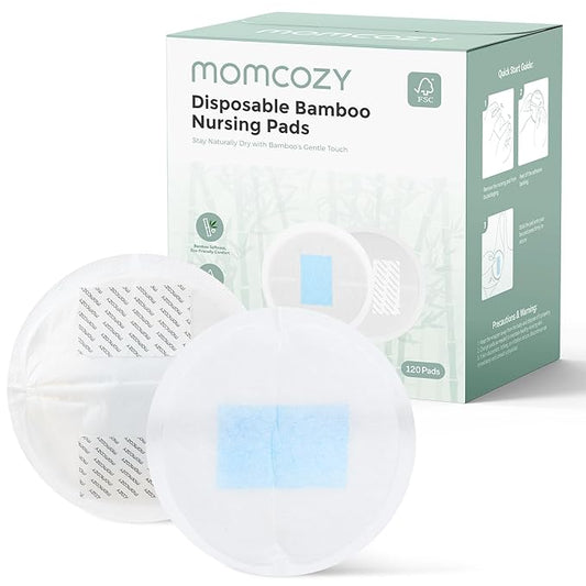 Momcozy Bamboo Disposable Nursing Pads, Advanced Blue Core for Ultra-Absorbent, Leakproof & 3D Design, Biodegradable for Sensitive Skin, Individually Wrapped, 120 Count