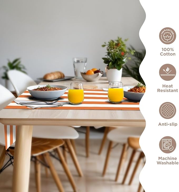 Folkulture Fall Table Runner 72 Inches Long | Orange & White Striped | Table - Image 3