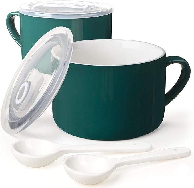 Soup Bowls with Handles & Spoons, 30oz Ceramic Ramen Bowl with Lid, Large Soup by Wareland