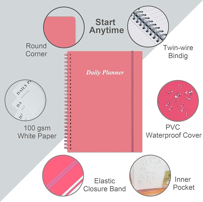 Daily Planner Undated - B5 To Do List Notebook Hourly Schedules, Spiral Appointment Planner for Women and Men, PVC Hardcover, Inner Pocket, Elastic Closure, 7" x 10", Pink