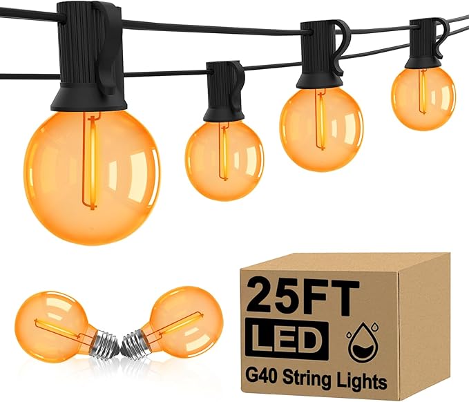 Halloween Orange String Lights, 25Ft G40 Outdoor Halloween Decorations Lights with 27 LED Shatterproof Orange Globe Bulbs, Hanging Patio Lights for Christmas Backyard Holiday Fall Party Garden Decor