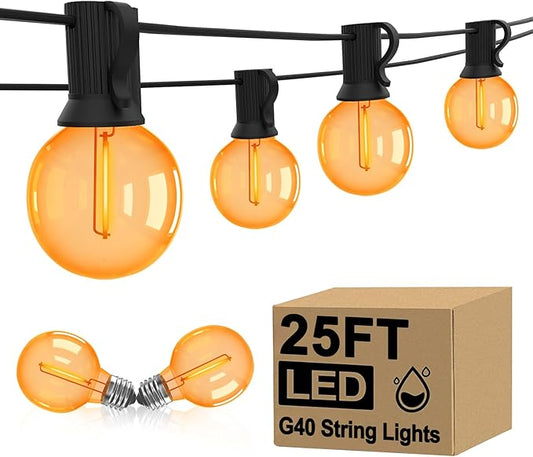Halloween Orange String Lights, 25Ft G40 Outdoor Halloween Decorations Lights with 27 LED Shatterproof Orange Globe Bulbs, Hanging Patio Lights for Christmas Backyard Holiday Fall Party Garden Decor