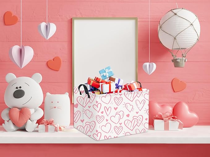 HIYAGON Rectangular Pink Basket Kids Baby Storage Bin Toy Basket Organizer Box for Girls Love Room Decor(Pink Striped Heart)