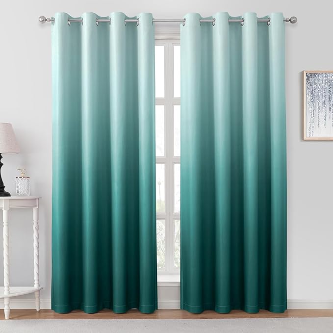 HOMEIDEAS Teal Ombre Blackout Curtains 52 X 96 Inch Length Gradient Room Darkening Thermal Insulated Energy Saving Grommet 2 Panels Window Drapes for Living Room, Bedroom
