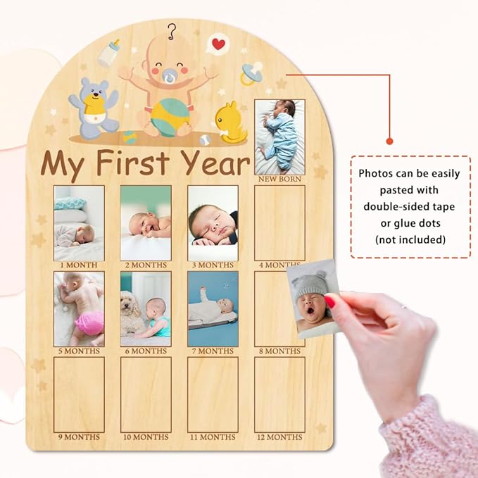 ORIGACH My First Year Baby Growth Photo Display Wood Board - 12 Months Newborn Milestones Photo Board - Neutral Baby Keepsake Frame 1st Birthday Party Nursery Decor New Mom Gift - Baby Bear & Duck