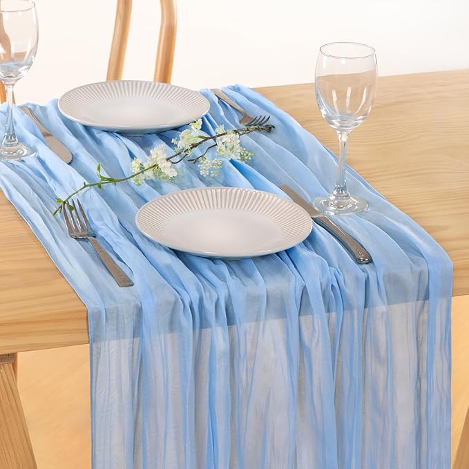 3 Pack Baby Blue Cheesecloth Table Runner 10ft Baby Shower Table Decor | - Image 2