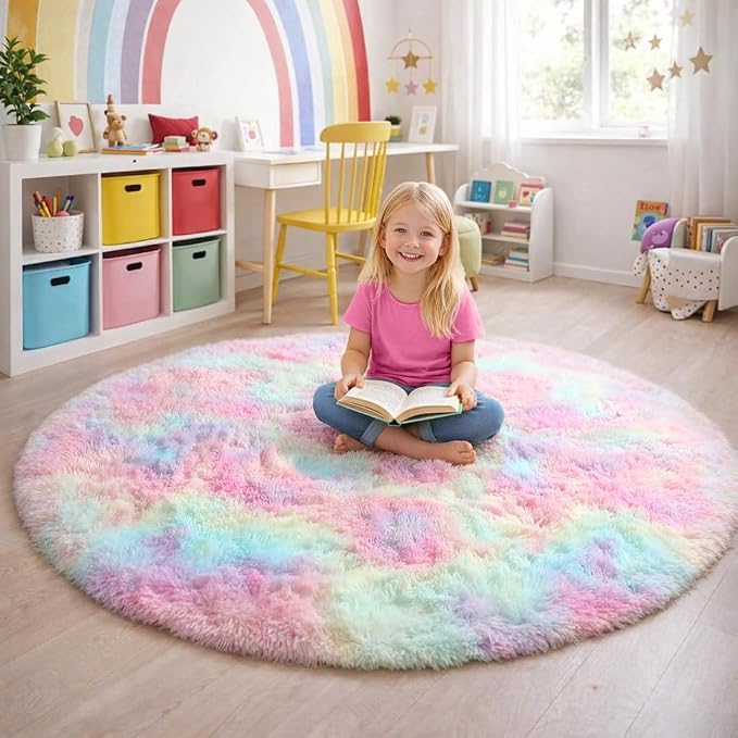 Amdrebio Rainbow Fluffy Round Rug 6Ft Kids Rugs - Image 3
