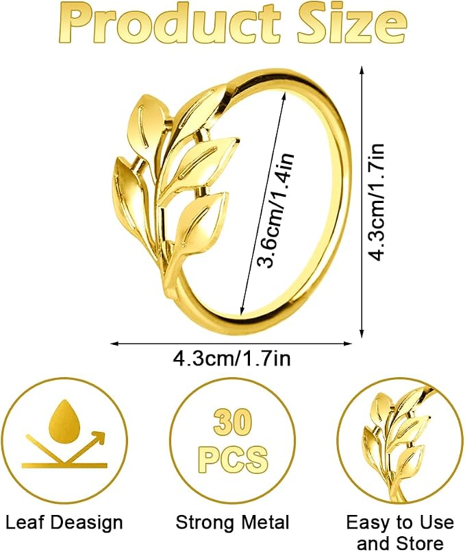 30 Pcs Gold Leaf Napkin Rings Set, Metal Napkin Ring Holders Buckles - Image 2
