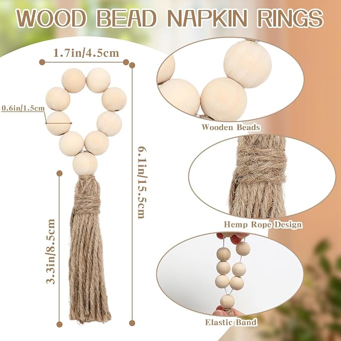 Wooden Bead Napkin Rings Set of 6, Farmhouse Stretchable Napkin Rings - Image 3