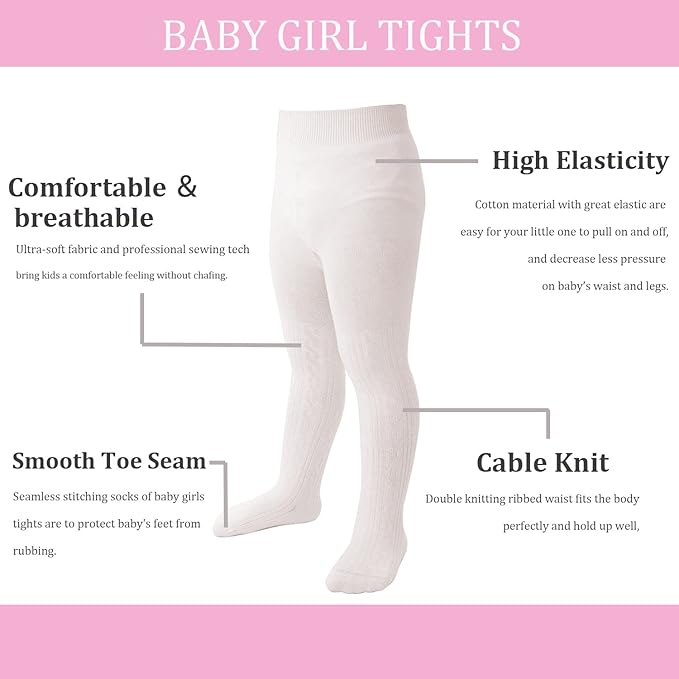 Marchare Baby Girls Tights Thick Solid Cable Knit Leggings Winter Warm Stockings For Toddler Girls 1/2/3/4/5 Pack