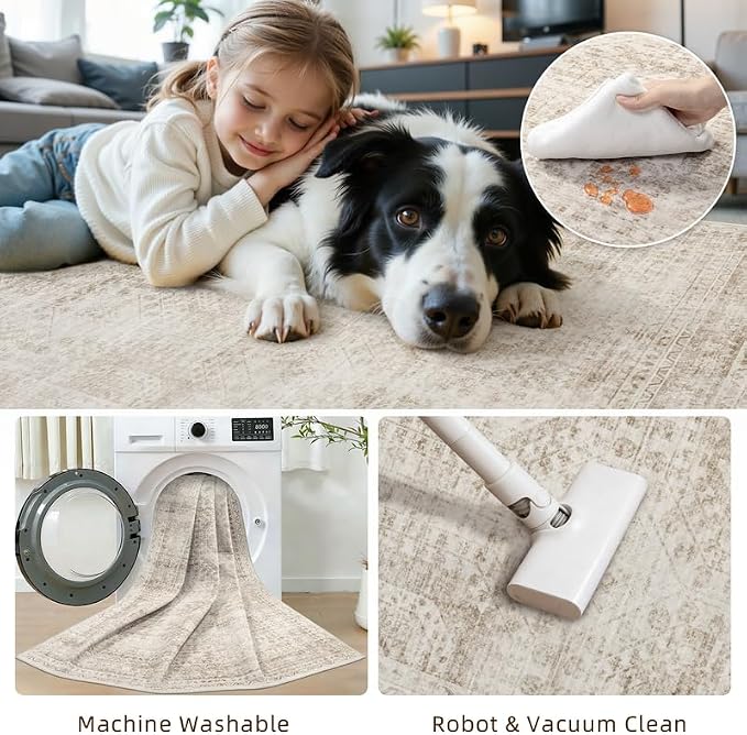 10x14 Area Rug for Living Room: Vintage Boho Neutral Washable Rug Indoor Soft - Image 6