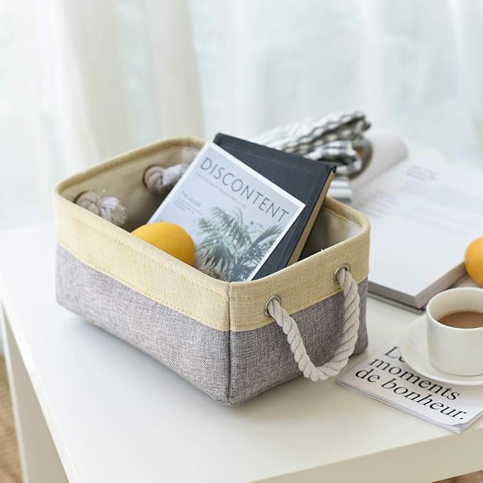 Fabric Storage Baskets for Organizing(6 Pack) Small Baskets for Shelves,storage, Laundry, Nursery, Closets, Decorative Baskets for Gifts Empty (Grey & gold, 11.8” x 7.8” x 5.1”)