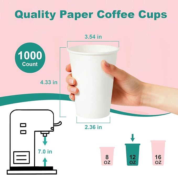 12 oz 300 Pack Disposable Coffee Cups, Bulk White Disposable Paper Cups - Image 3