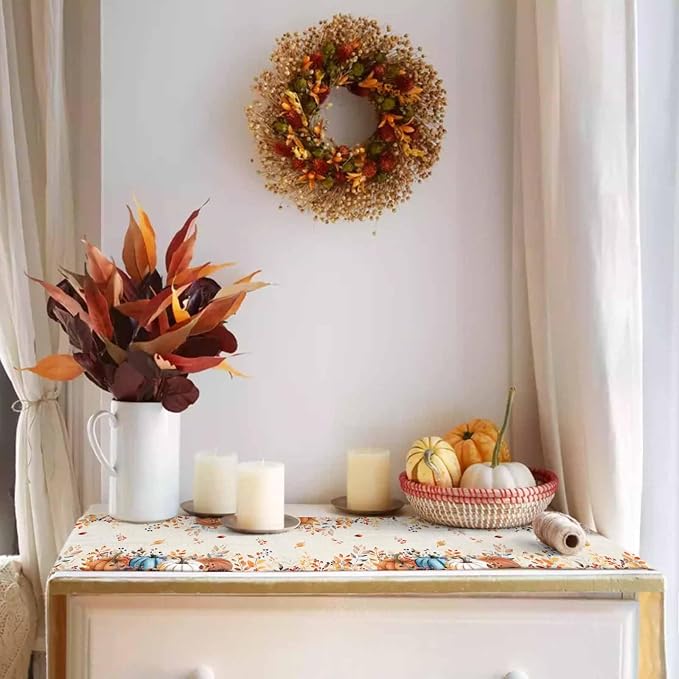 Orange Blue Pumpkin Fall Table Runner 36 Inches Long, Thanksgiving Eucalyptus - Image 3