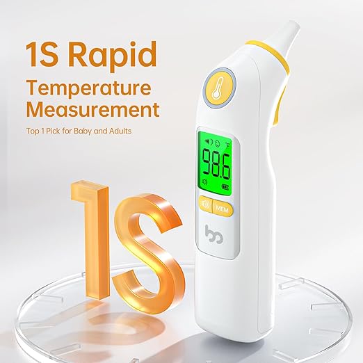 Ear Thermometer, Highly Accurate Ear Thermometer for Kids, Adults and Babies, 30 Memory Recall, 1s Result and 3-Color Fever Alert, with 24 Disposable Probe Covers, Yellow