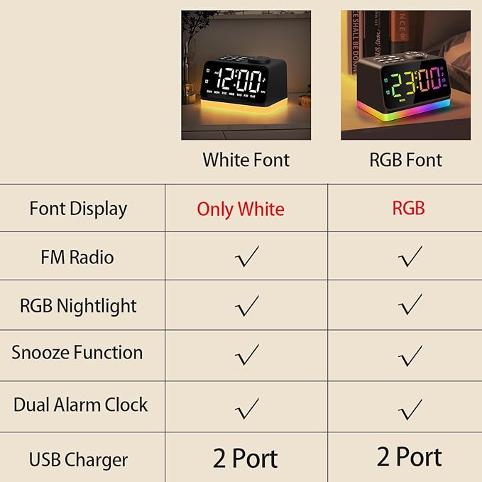 JALL Digital Alarm Clock with FM Radio for Bedroom, 8 Colors Night Light with Charging Port, Sleep Sound Machines with Timer, Dual Alarm (Black with RGB Font)